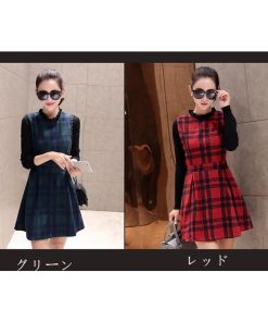 ニットワンピース | 即日秋冬 切り替え チェック柄 ドッキングワンピース ニット セーター 長袖 Aライン 20代30代 クルーネック 大人 可愛い 膝上丈