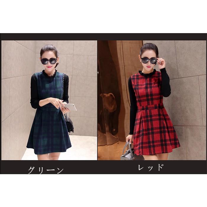 ニットワンピース | 即日秋冬 切り替え チェック柄 ドッキングワンピース ニット セーター 長袖 Aライン 20代30代 クルーネック 大人 可愛い 膝上丈