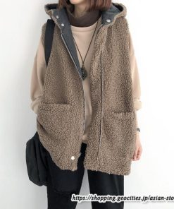 ベスト | ファーレディース 秋冬 デニムフード付き ミドル丈 両面 リバーシブル ジップアップ ファー 厚手 アウター 20代50代 大人 カワイイ 防寒 防風