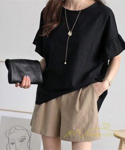 送料無料SALE | Tシャツ レディース 綿麻 ロングｔ 無地 トップス 可愛い フレア袖 ｔシャツ 半袖 ティー 丸ネック 女っぽい シンプル 30代40代 プルオーバー カジュアル 大人