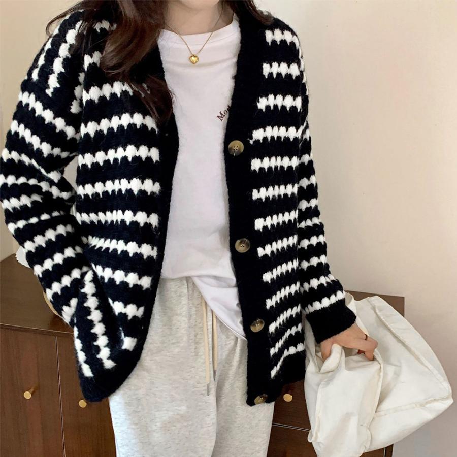 カーディガン | 配色ボーダー柄ニットカーディガンVネック