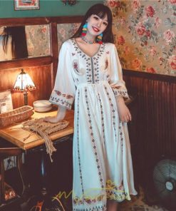 マキシ | 七分袖ワンピース Vネック ロング丈ワンピース エスニック ボヘミアン レディース 夏秋 綿麻 きれいめ フォーマル キレイめ 上品 ゆったり 大人 体型カバー