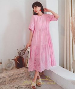 マキシ | ワンピース レース 丸首 刺繍 ロングワンピース レディース 夏秋 結婚式 きれいめ フォーマル 大人 上品 綿麻 白 黄色 コットン ピンク かわいい リネン