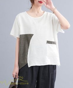 tシャツ・カットソー | tシャツ カットソー レディース 切り替え 女性着 シンプル カジュアル フリーサイズ ゆったり 夏新作 おしゃれ 半袖 チェック柄 黒 半袖tシャツ 丸首 白