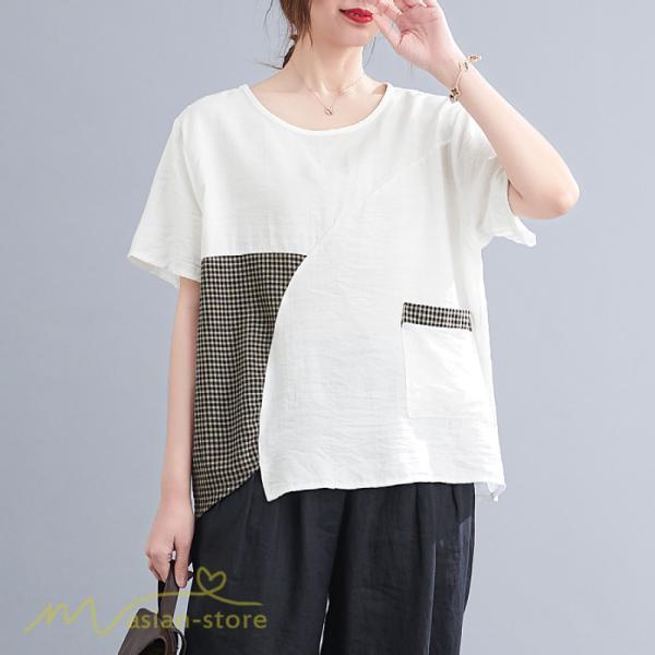 tシャツ・カットソー | tシャツ カットソー レディース 切り替え 女性着 シンプル カジュアル フリーサイズ ゆったり 夏新作 おしゃれ 半袖 チェック柄 黒 半袖tシャツ 丸首 白