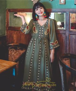 マキシ | 七分袖ワンピース Vネック ロング丈ワンピース エスニック ボヘミアン レディース 夏秋 綿麻 きれいめ フォーマル キレイめ 上品 ゆったり 大人 体型カバー