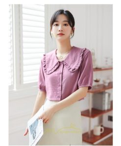 シャツ・ブラウス | ブラウス シフォン トップス レディース 白 紫 夏ブラウス シフォンブラウス 半袖 オフィス 春夏 クルーネック お出かけ 着痩せ 華奢見え フリル