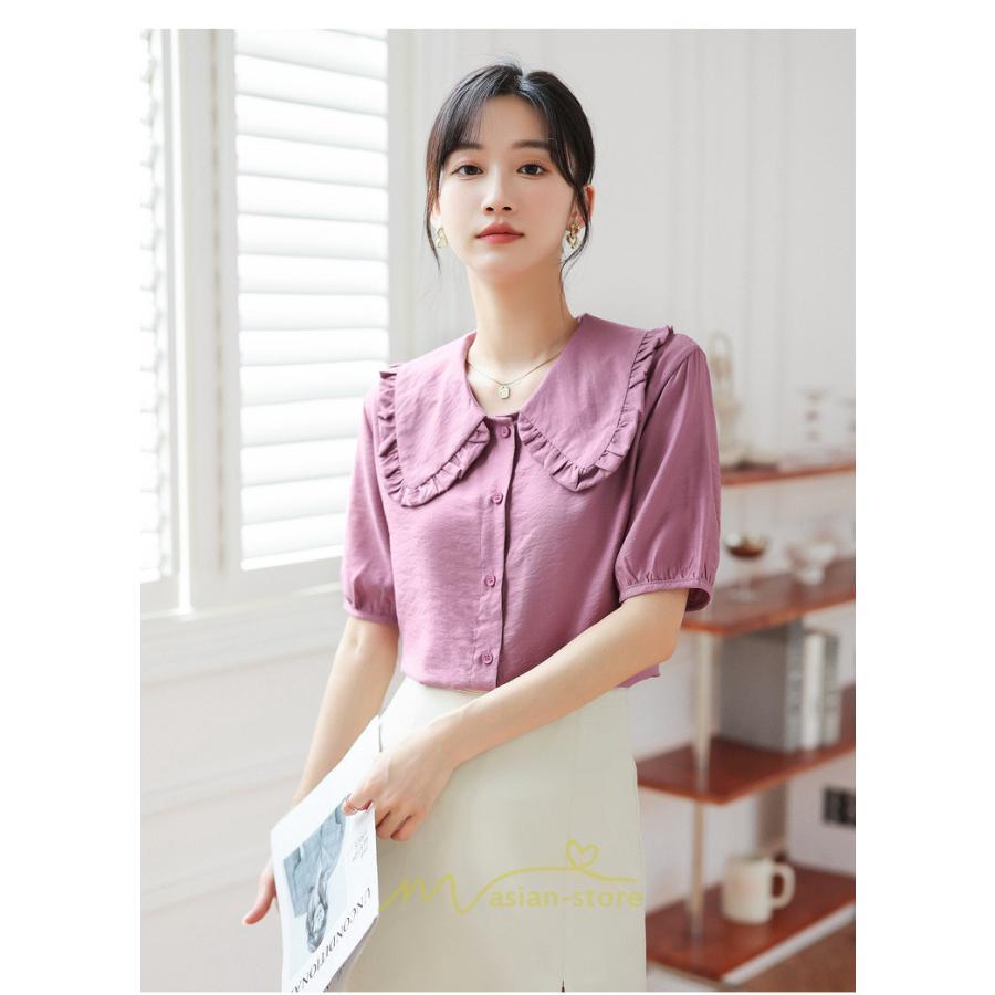 シャツ・ブラウス | ブラウス シフォン トップス レディース 白 紫 夏ブラウス シフォンブラウス 半袖 オフィス 春夏 クルーネック お出かけ 着痩せ 華奢見え フリル