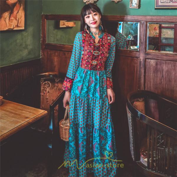 マキシ | ワンピース ロング 着やせ効果抜群 夏秋 長袖 他と被らない 刺繍 上品 きれいめ ロングワンピース マキシワンピ 舞台 演出 パーティー ダンス