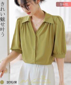シャツ・ブラウス | ブラウス シャツ トップス レディース 春 夏 半袖 バブルスリーブ シフォン 柔らかい Vネック 着痩せ かわいい 上品 きれいめ エレガント オフィス フォーマル