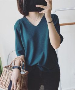 tシャツ・カットソー | Tシャツ カットソー レディース トップス 五分袖 夏服 秋物 リブ 無地 柔らかい Vネック 可愛い ニット インナー 通学通勤 20代30代 スリム 40代50代