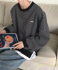 パーカー | フェイクレイヤード風トレーナー レディース ゆったりシルエット 切替 長袖 トップス フードなしボーダー ロングTシャツ サイドスリット入れ