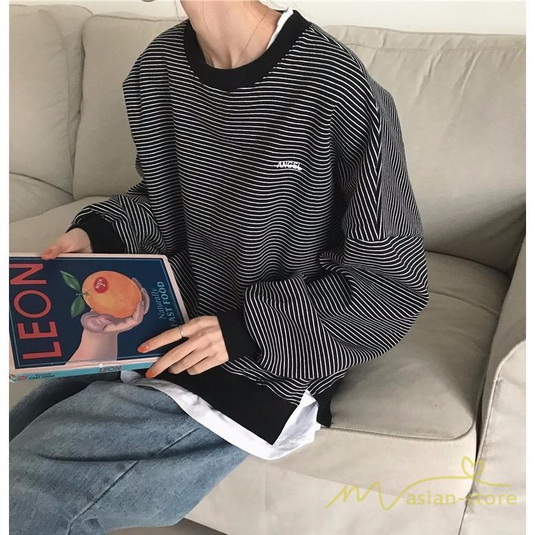 パーカー | フェイクレイヤード風トレーナー レディース ゆったりシルエット 切替 長袖 トップス フードなしボーダー ロングTシャツ サイドスリット入れ