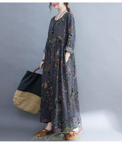 マキシ | ワンピース レディース 長袖 ロング カジュアル 花柄プリント 大きいサイズ  ぽっちゃり 着痩せ 上品 新作 丸首 秋 Aライン 夏 20代30代40代50代 レトロ風