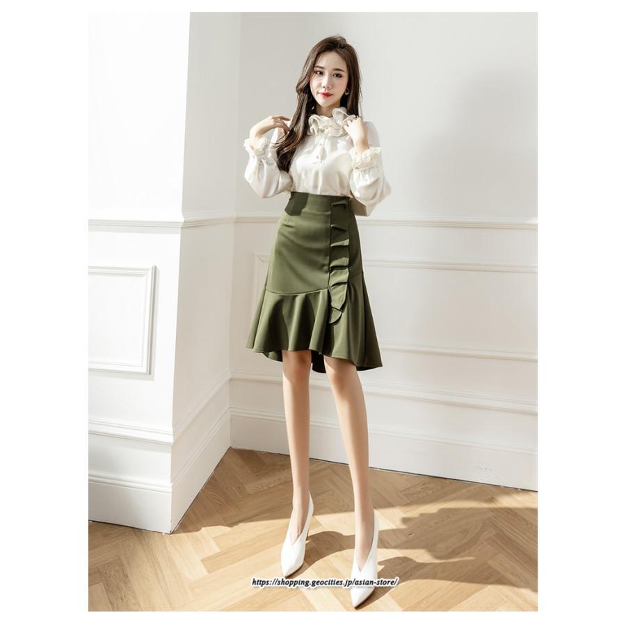 スカート | レディース ミモレ丈 ひざ丈 膝丈 マーメイドフリル オシャレ Aライン キレイめ 着痩せ フェミニン 通学 可愛い 秋服 落ち感 通勤