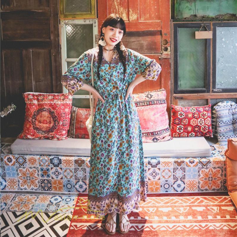 マキシ | ワンピース レディース 総柄 きれいめ ロングワンピース 可愛い カジュアル 春 夏 秋 40代 7分袖 上品 きれいめ 民族風 旅行着 おしゃれ プルオーバー