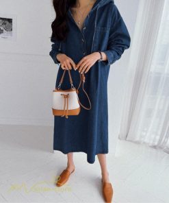 デニムワンピース | フード付き レディース デニム ワンピース 20代 30代 長袖 Aライン プルオーバー カジュアル 秋 冬 新作 40代 フリーサイズ シンプル 50代