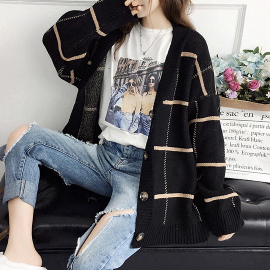 ニット・セーター | ニットカーディガン BIGチェック柄 韓国風