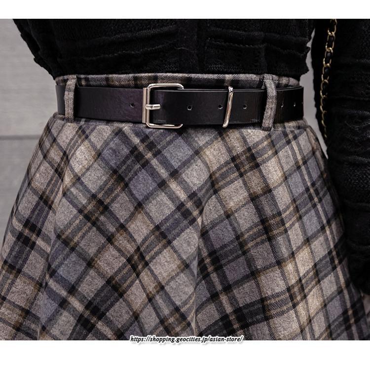 スカート | ロングミモレ レディース フレア Aライン ハイウエスト おしゃれ ゆったり ひざ下 体型カバー チェック柄 ラシャ ベルト付き 30代 20代 40代