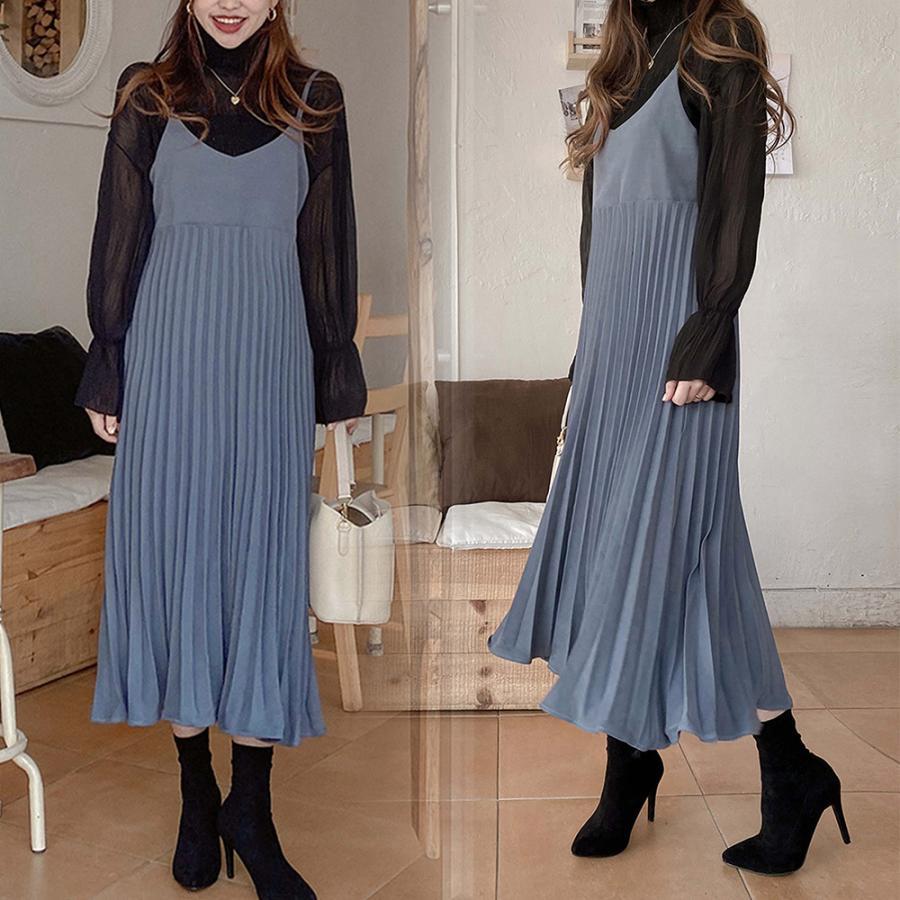 ロングスカート | ロングワンピース シンプル 無地 重ね着 フェミニン フレアキャミワンピ 着やせ レディース キャミソールワンピース プリーツ