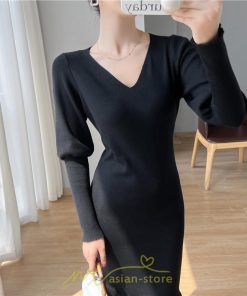ニットワンピース | ニット ワンピース ロング Vネック ニットワンピ 長袖 ブラック 2022秋冬 ブルー マーメイド フリル セクシー 通勤 おしゃれ キレイめ ミモレ丈 上品