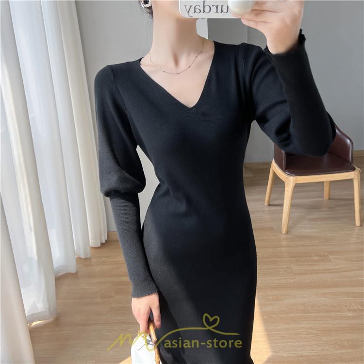 ニットワンピース | ニット ワンピース ロング Vネック ニットワンピ 長袖 ブラック 2022秋冬 ブルー マーメイド フリル セクシー 通勤 おしゃれ キレイめ ミモレ丈 上品