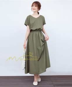 送料無料SALE | ロングワンピース 夏ワンピース 半袖 無地 フレアワンピース Vネック ベルト付き ゴム 女っぽい お呼ばれワンピース 大人 30代40代 ワンピ パーティー