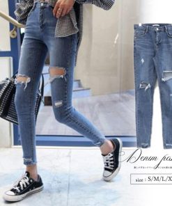 スキニーパンツ | 美脚 穴開き アンクル スキニー レディース クラッシュデニム デニムパンツ ボトムス ジーンズ ジーパン タイト ダメージ
