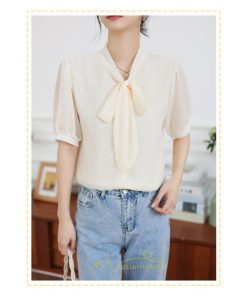 シャツ・ブラウス | ブラウス レディース おしゃれ きれいめ 半袖ブラウス カジュアル 無地 フォーマル オフィス オフホワイト 黒 シフォン OL 蝶結び 通勤 新作 お出かけ ビジネス
