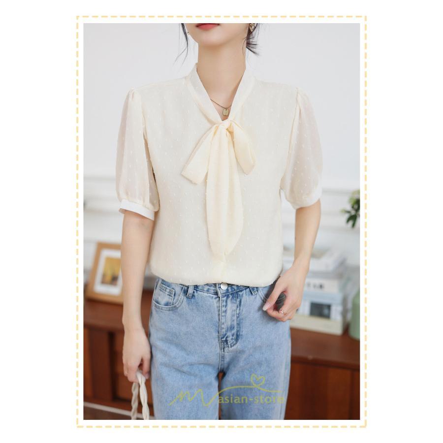 シャツ・ブラウス | ブラウス レディース おしゃれ きれいめ 半袖ブラウス カジュアル 無地 フォーマル オフィス オフホワイト 黒 シフォン OL 蝶結び 通勤 新作 お出かけ ビジネス