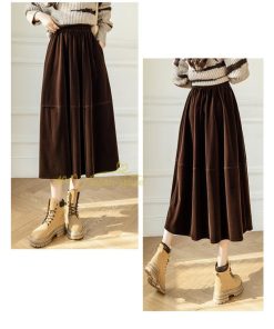 スカート | ロングミモレ丈 Aラインフレアビロードウエストゴム ハイウエスト 秋冬 無地 ゆったり 大人 通学通勤 エレガント