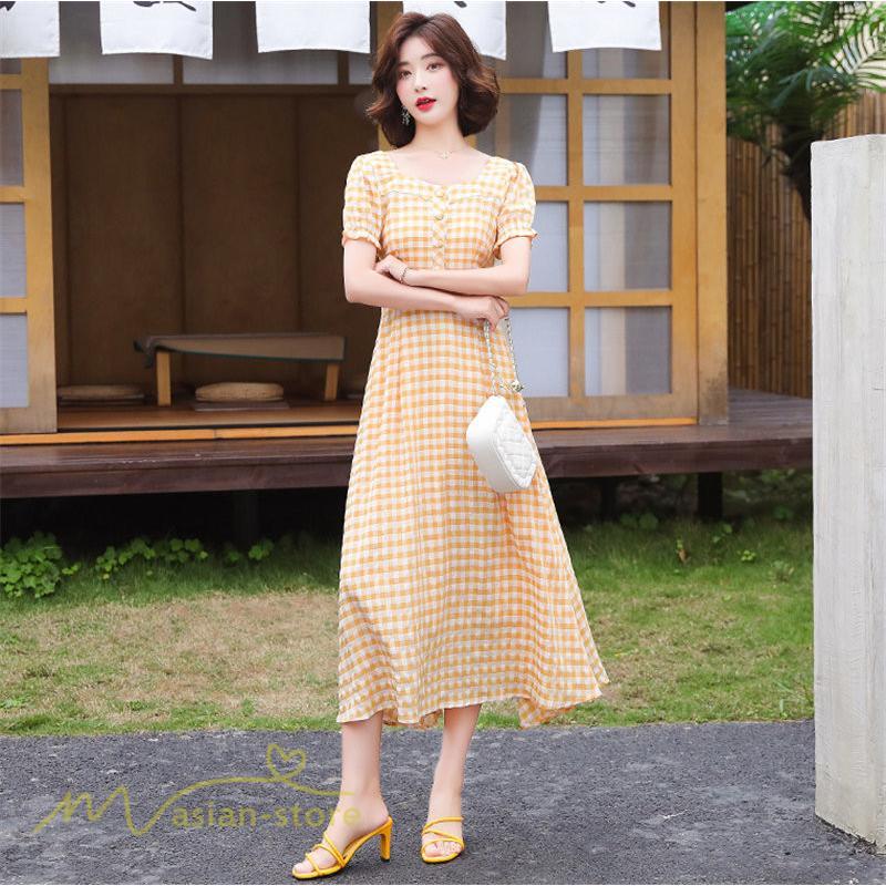 マキシ | ワンピース レディース チェック柄 きれいめ おしゃれ ゆったり ロング丈 着痩せ 春 夏 着痩せ ロングワンピース 上品 韓国風 バックファスナー エレガント
