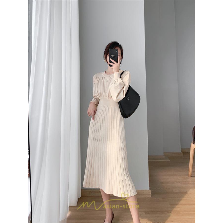 ニットワンピース | レディース 冬 きれいめ ロング おしゃれ 秋冬 長袖 送料無料 着痩せ 無地 通勤 提灯袖 可愛い パフスリーブ 20代30代40代50代