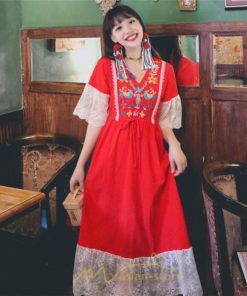 マキシ | ワンピース 七分袖 花と鳥 きれいめ ロング丈 レディース 夏 秋 レトロ 刺繍 レース Vネック エスニック風 リゾート　 イベント カジュアル お出かけ ボヘミアン