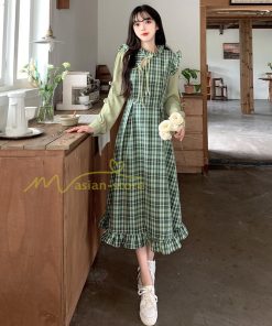 マキシ | ロングワンピース 秋物 レディース ミモレ丈 Aラインワンピース 切り替え フェイク レイヤード風 着やせ チェック柄 重ね着風 30代40代 お呼ばれワンピース