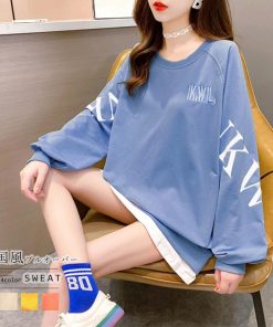 パーカ | カジュアル体型カバー レディース 韓国風 トップス ゆったり パーカートレーナー 長袖 スウェット チュニックロンT レイヤード風