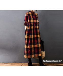 マキシ | チェック柄ワンピースリネン風 シャツワンピース 30代レディース秋物長袖 綿麻風 ゆったり ゆるシルエット 大人 チェック柄 可愛い 通学通勤 ロングシャツ