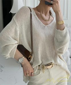 ニット・セーター | ニット サマーニット レディース トップス カットソー ニットソー Vネック 透かし編み 長袖 クルーネック Tシャツ ゆる 薄手 Tシャツ カジュアル リラックス