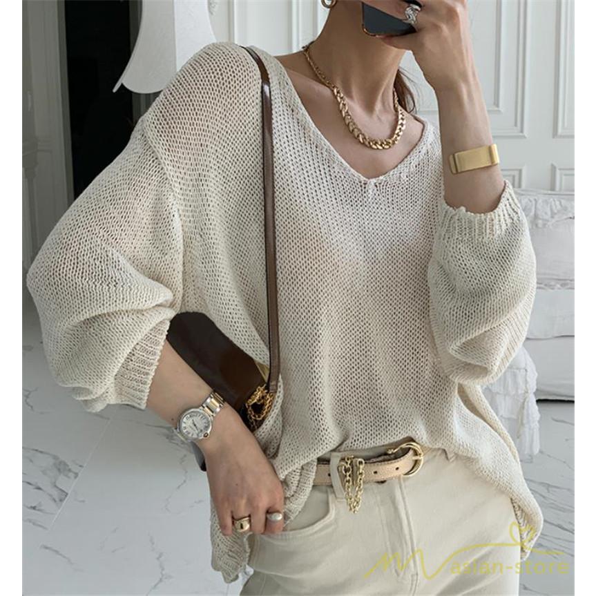 ニット・セーター | ニット サマーニット レディース トップス カットソー ニットソー Vネック 透かし編み 長袖 クルーネック Tシャツ ゆる 薄手 Tシャツ カジュアル リラックス