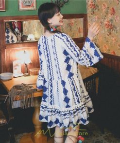 ミニ丈 | ワンピース 夏秋 レディース 長袖 綿麻 ひざ上 ショート かわいい リゾート 休み 旅行 お出かけ 華やか 着痩せ ゆったり 幾何学柄 エスニック風 Vネック 民族風