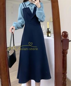 マキシ | ロングワンピース 秋物 レディース ミモレ丈 Aラインワンピース 切り替え フェイク レイヤード風 重ね着風 シャツカラー お呼ばれワンピース 30代40代 着やせ