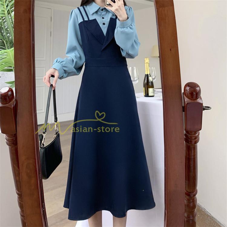 マキシ | ロングワンピース 秋物 レディース ミモレ丈 Aラインワンピース 切り替え フェイク レイヤード風 重ね着風 シャツカラー お呼ばれワンピース 30代40代 着やせ