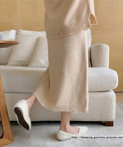 セットアップ | ニットレディース ニットカーディガン ニットスカート ウエストゴム 羽織りニット ダメージ加工 秋冬 長袖 ミモレ丈 無地