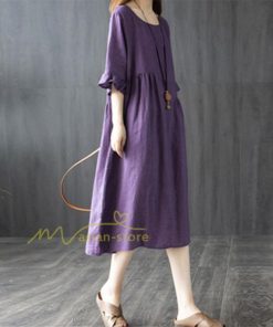 ミディアム | ワンピース レディース 40代 50代 半袖 きれいめ ゆったり ミディ丈 30代 ミディアム丈 綿麻混ワンピース 韓国ファッション 丸首 上品 カジュアル 夏物 お出かけ