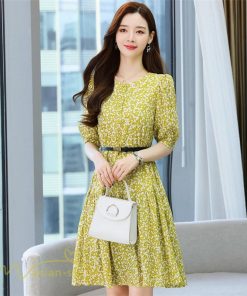 ミディアム | Aラインワンピース 膝丈 花柄 ワンピース ミディアムワンピース 5分袖 韓国風 エレガント カジュアルワンピース サマーワンピース 通勤通学 上品 おしゃれ 上品