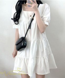 ミニ丈 | ワンピース 無地 レディース ショートワンピース 半袖 かわいい スクエアネック サマーワンピース 夏新作 カジュアル 黒 Aラインワンピース XL ゆったり 白