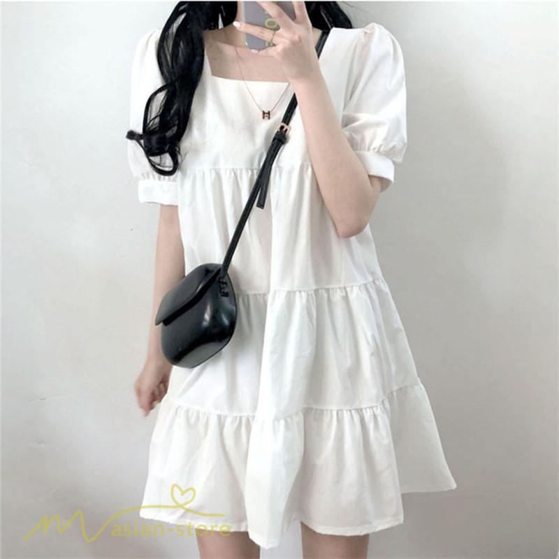 ミニ丈 | ワンピース 無地 レディース ショートワンピース 半袖 かわいい スクエアネック サマーワンピース 夏新作 カジュアル 黒 Aラインワンピース XL ゆったり 白