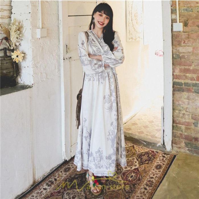 マキシ | マキシワンピース ロングワンピース レディース 夏 秋 長袖 紺 ゆったり Aライン 花柄プリント きれいめ リゾート 大人 20代 母 40代 同窓会 二次会 ママ 30代