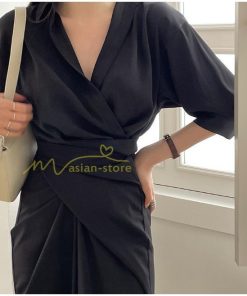 マキシ | ロングワンピース 夏ワンピース 薄手 黒ワンピース スリム 30代40代 大人 無地 シャツワンピース 七分袖 オフィス 涼感 セクシー Vネック フェミニン