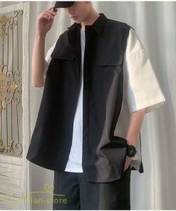 シャツ | ライトアウター メンズ ワイドカジュアル 切り替え トップス ゆったり 5分袖 韓国風 カッコウイイ ゆる夏コーデ オーバーサイズ 大きいサイズ